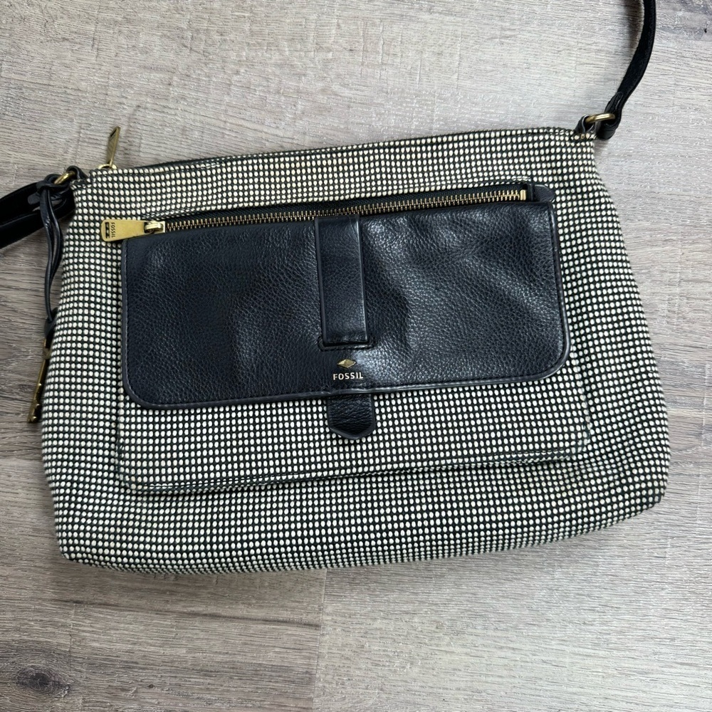 Fossil Kinely Crossbody Bag Leather and Textile Checkered Black & White